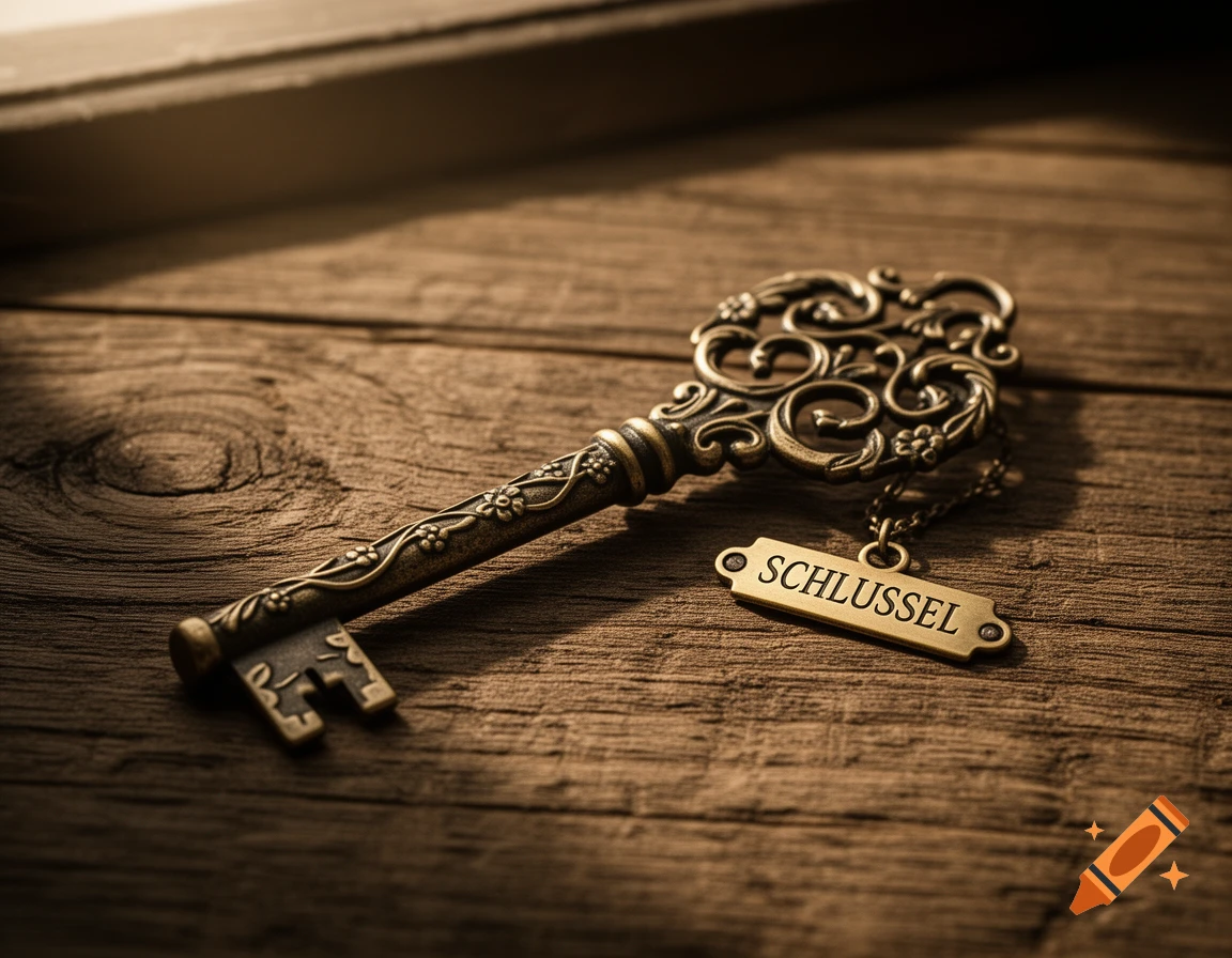Ornate antique bronze key with 'SCHLUSSEL' tag on a rustic wooden surface, photorealistic.