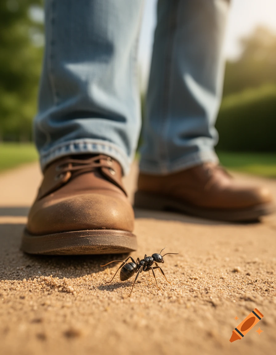A photorealistic close-up of a small black ant on sand, looking up at blurred human feet in brown shoes and blue jeans.
