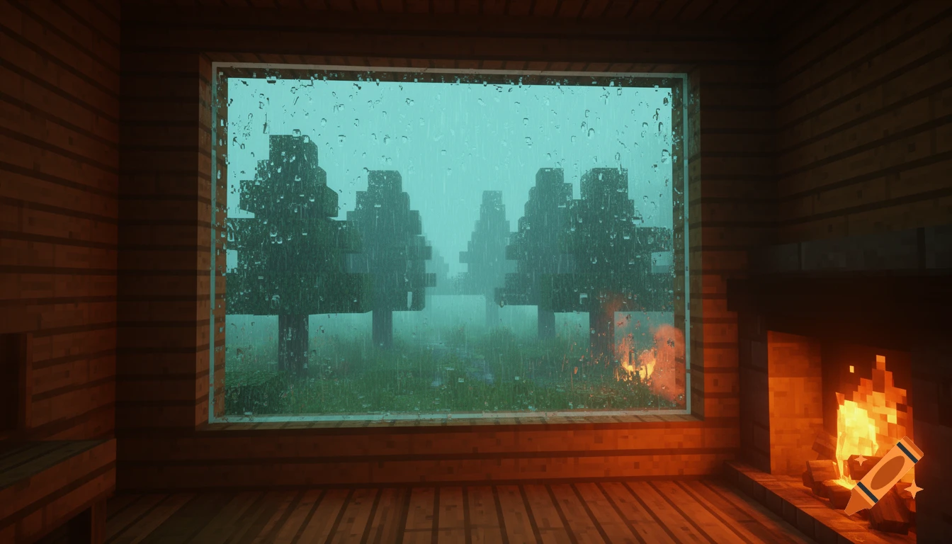 A cozy Minecraft-style wooden cabin interior with a lit fireplace, looking out a rain-streaked window at a misty, blocky pine forest.
