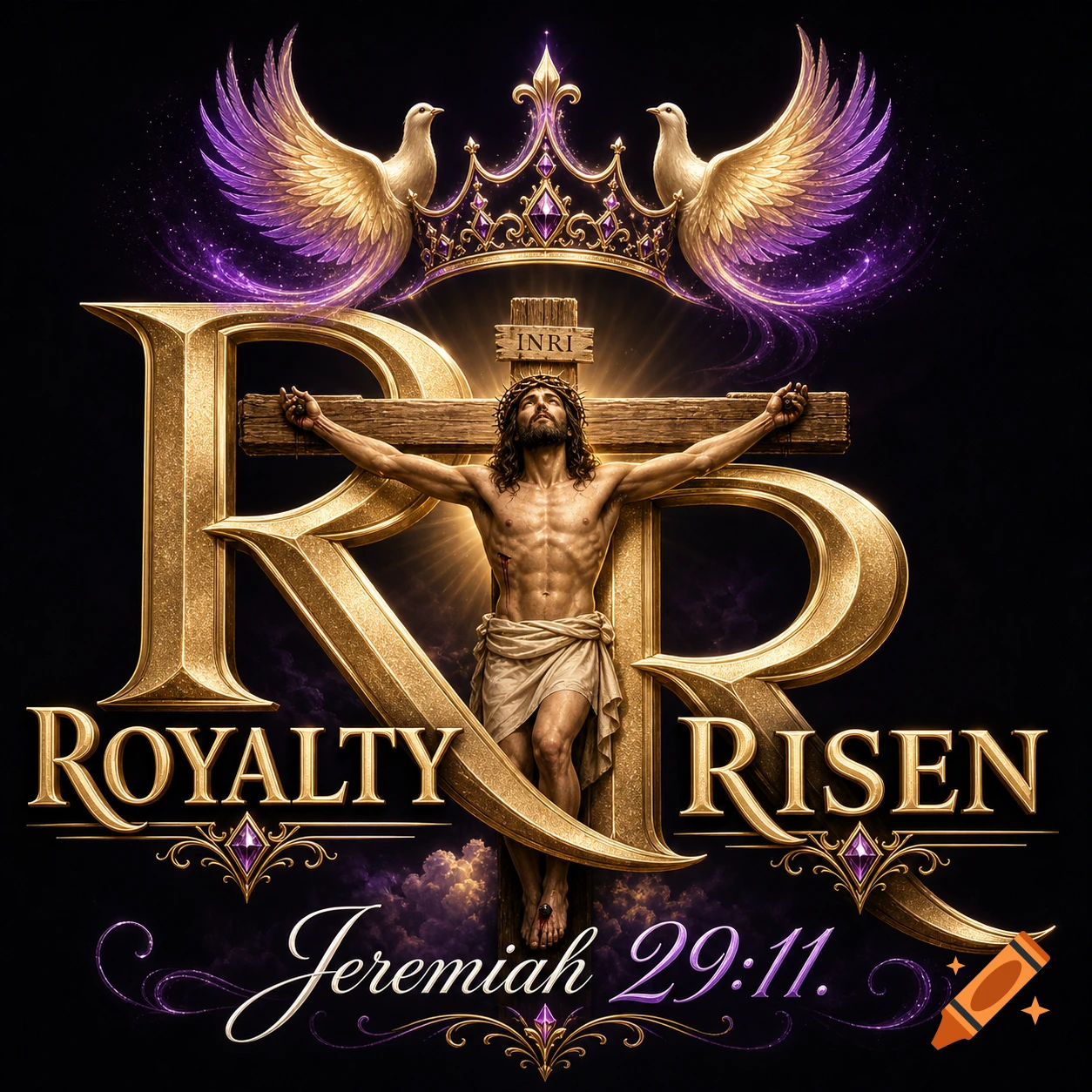 Golden "RR" emblem with Jesus crucified on a cross, flanked by white doves and a purple jeweled crown. Text reads "ROYALTY RISEN Jeremiah 29:11."