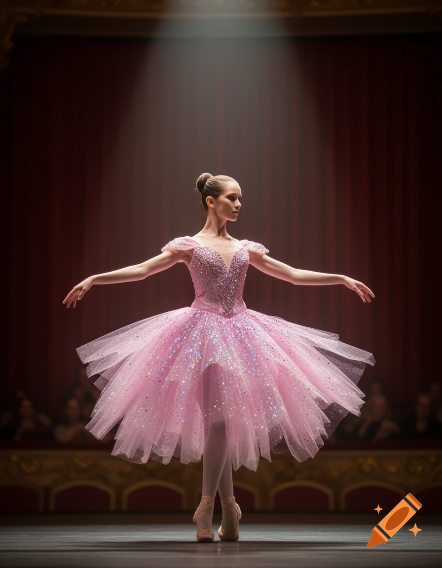 A ballerina in a sparkly pink tutu and pointe shoes poses on a stage under a spotlight.