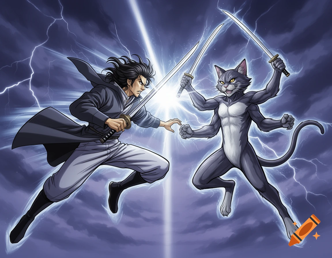 A manga-style illustration of a man with a katana battling a four-armed cat creature wielding two swords, surrounded by lightning.