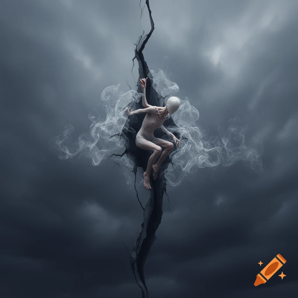 An emaciated, faceless figure with pale skin emerges from a dark crack in a stormy, cloudy sky, surrounded by ethereal smoke.