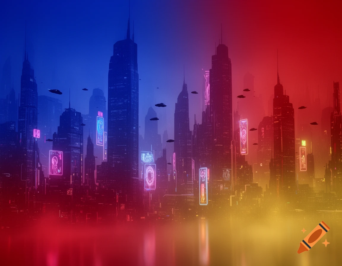 A vibrant, futuristic cityscape with tall dark buildings, neon signs, and flying vehicles under a blue, red, and yellow gradient sky reflecting on a misty surface.