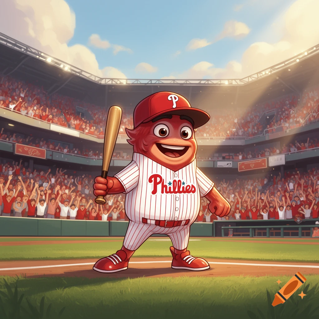 A red, smiling cartoon mascot with large eyes, wearing a white and red pinstriped Phillies baseball uniform and cap, holds a bat on a baseball field in a crowded stadium.