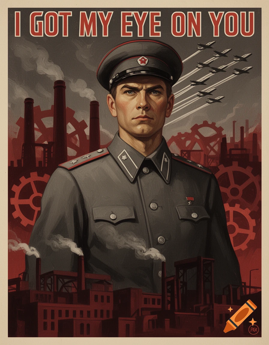A vintage Soviet-style propaganda poster with a serious man in uniform, factories, and airplanes, with text 'I GOT MY EYE ON YOU'.