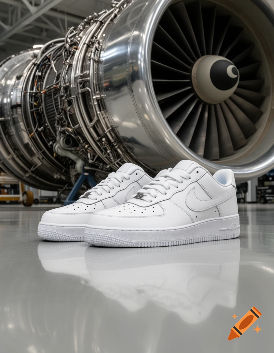 A pair of pristine white Nike Air Force 1 sneakers sit on a reflective floor in front of a large, metallic jet engine.