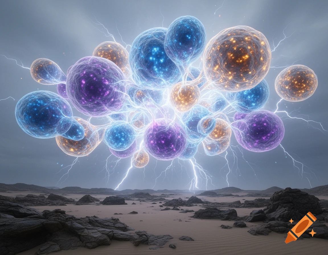 Huge glowing blue, purple, and orange cellular structures connect in a stormy sky with lightning over a desolate rocky landscape.