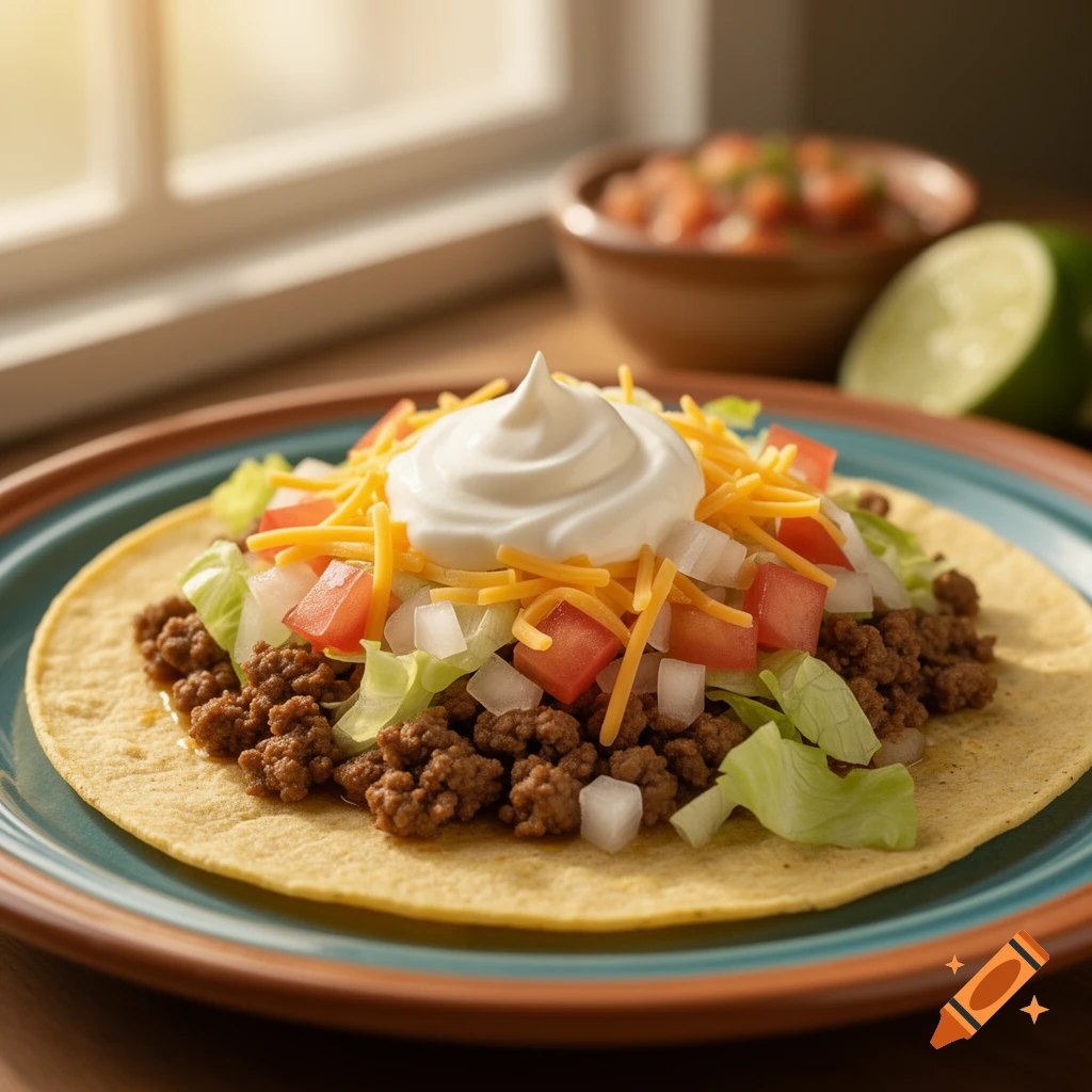 Photorealistic taco on a blue plate, topped with ground beef, lettuce, tomatoes, onions, shredded cheese, and sour cream. Salsa and lime in background.