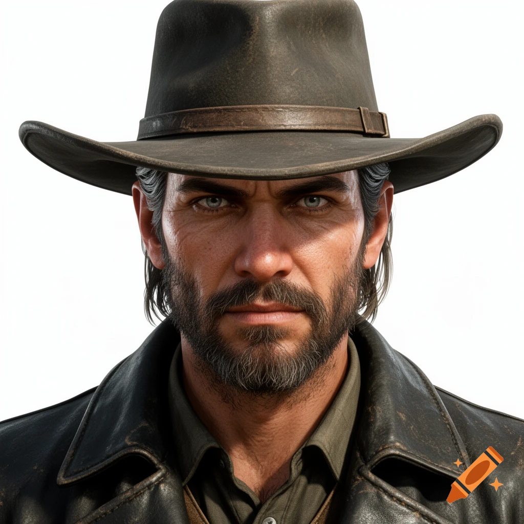 Photorealistic portrait of a stern man with dark hair, a beard, and blue eyes, wearing a dark cowboy hat and a leather jacket.
