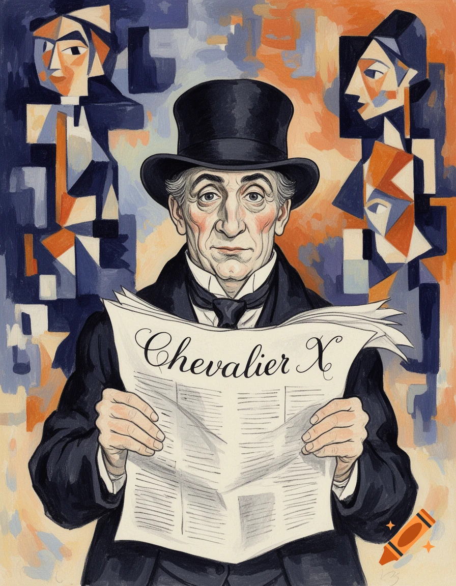 Stylized portrait of an old man in a top hat reading a newspaper titled 'Chevalier X', with a cubist background.