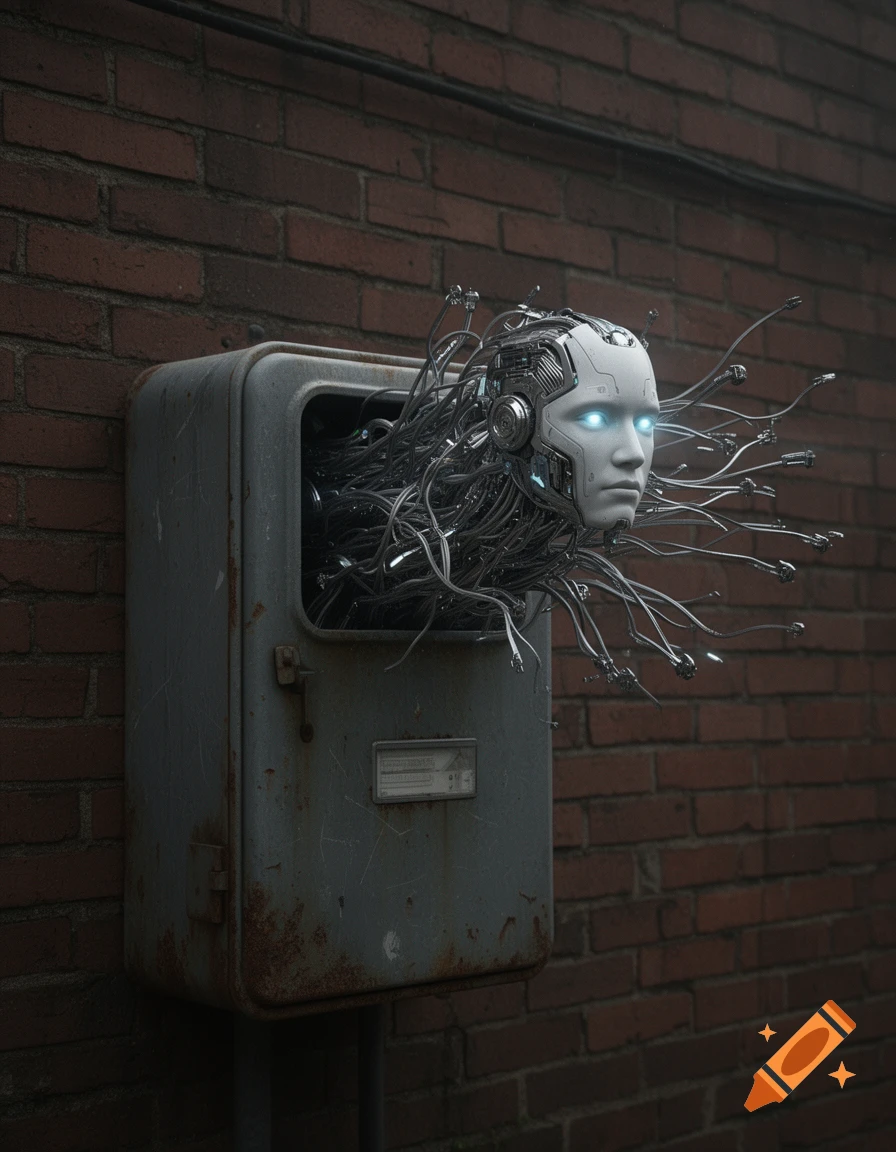 Photorealistic image of a futuristic robot head with many wires emerging from an old electrical box on a brick wall.