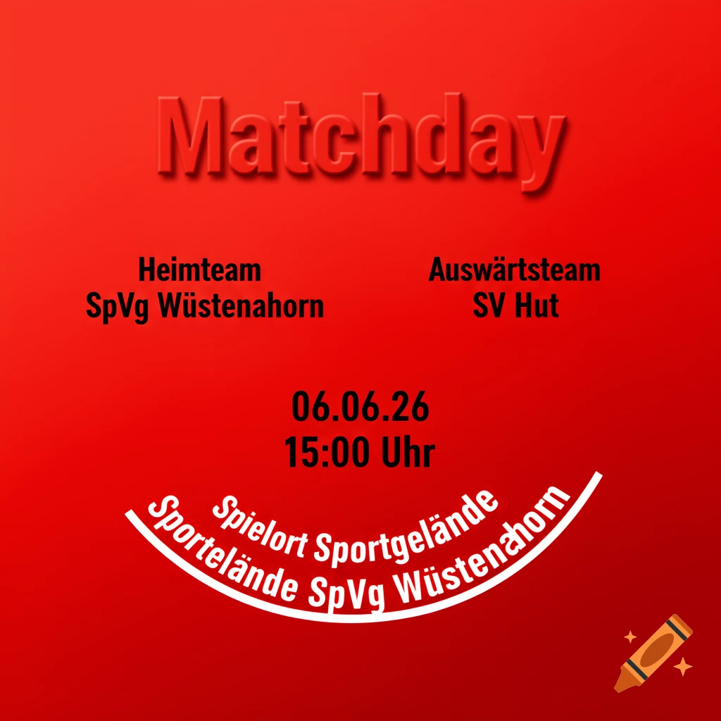 Red flyer for a football match: Matchday, Heimteam SpVg Wüstenahorn vs. Auswärtsteam SV Hut, 06.06.26, 15:00 Uhr.