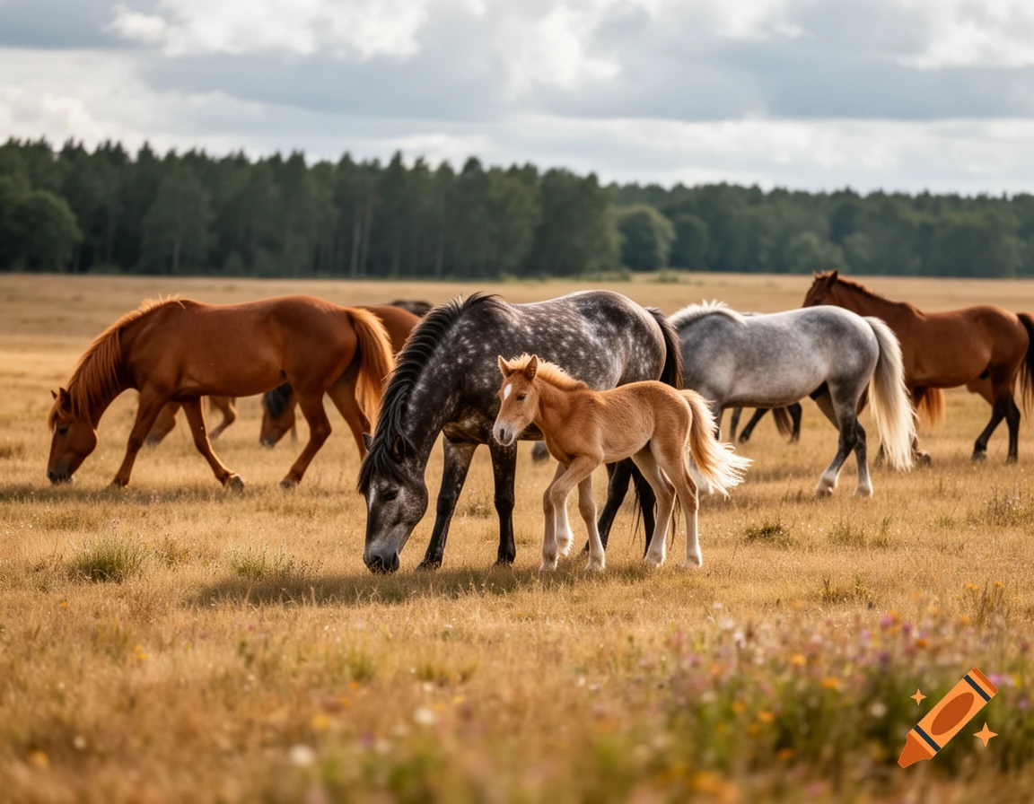 Wild horses and a foal graze in a sunlit golden field, with a forest line under a cloudy sky.