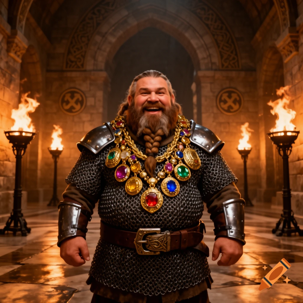 A proud dwarven fighter in chainmail armor with ornate gold and bejeweled necklaces smiles broadly in a torchlit stone hall.