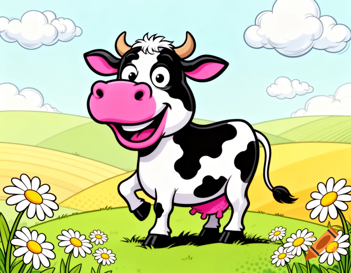 A happy cartoon cow with black and white spots, pink snout, and udder stands in a green field with daisies.