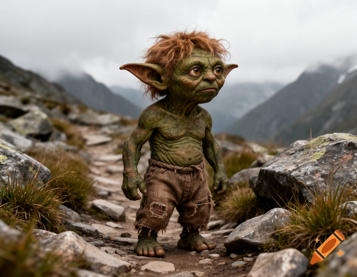 A small, green, wrinkly fantasy creature with large ears and red hair, wearing tattered pants, stands on a rocky mountain path under a cloudy sky.