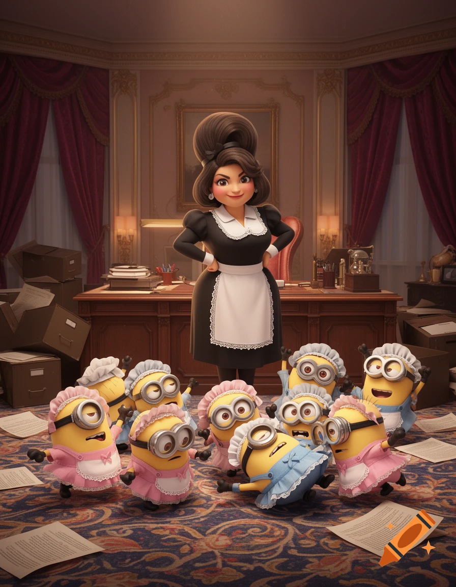 A cartoon woman in a maid uniform stands behind a desk, looking down at several Minions in maid outfits scattered on the floor.