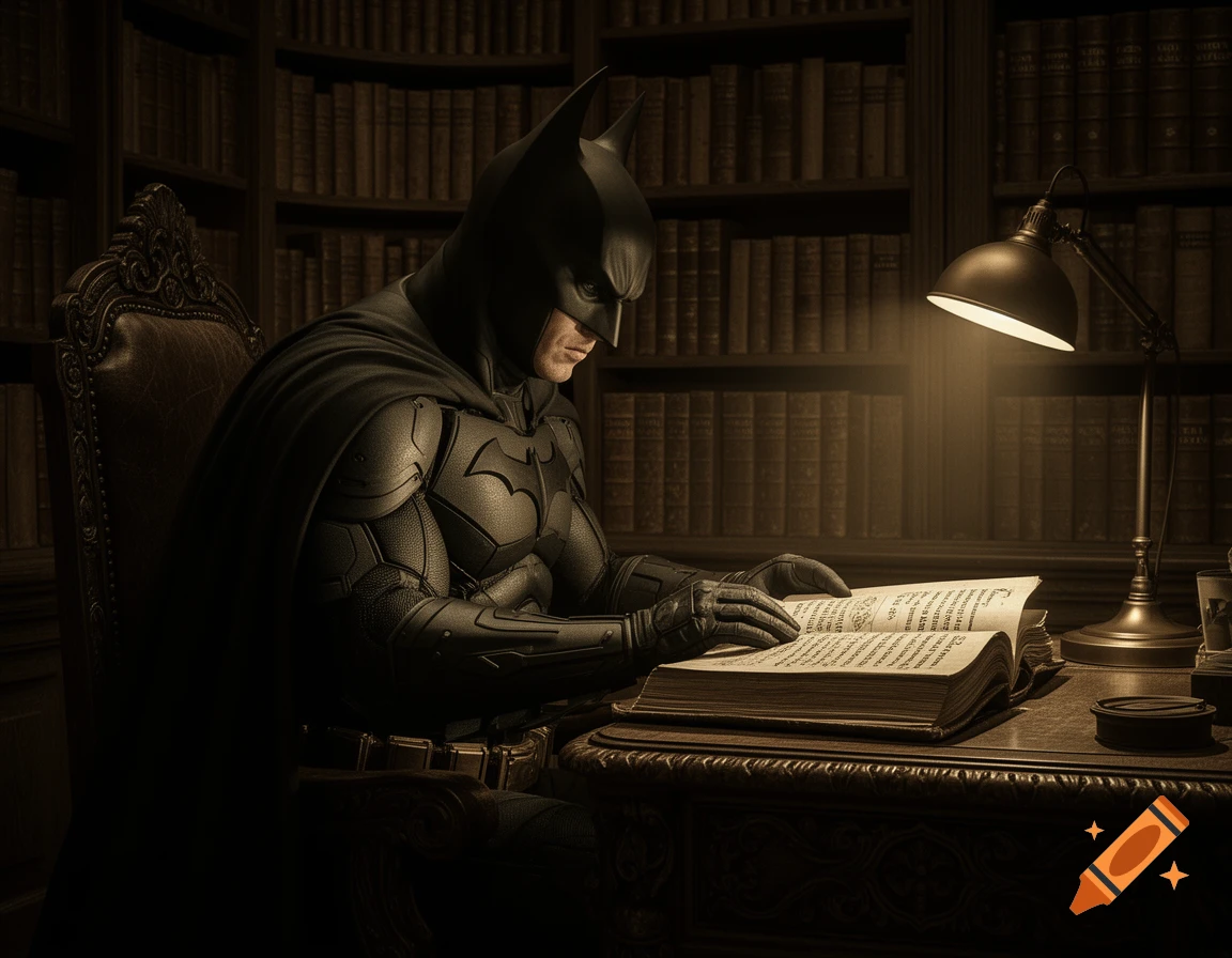 Batman in a dark, stately library, illuminated by a desk lamp, intently reading a large, open book.