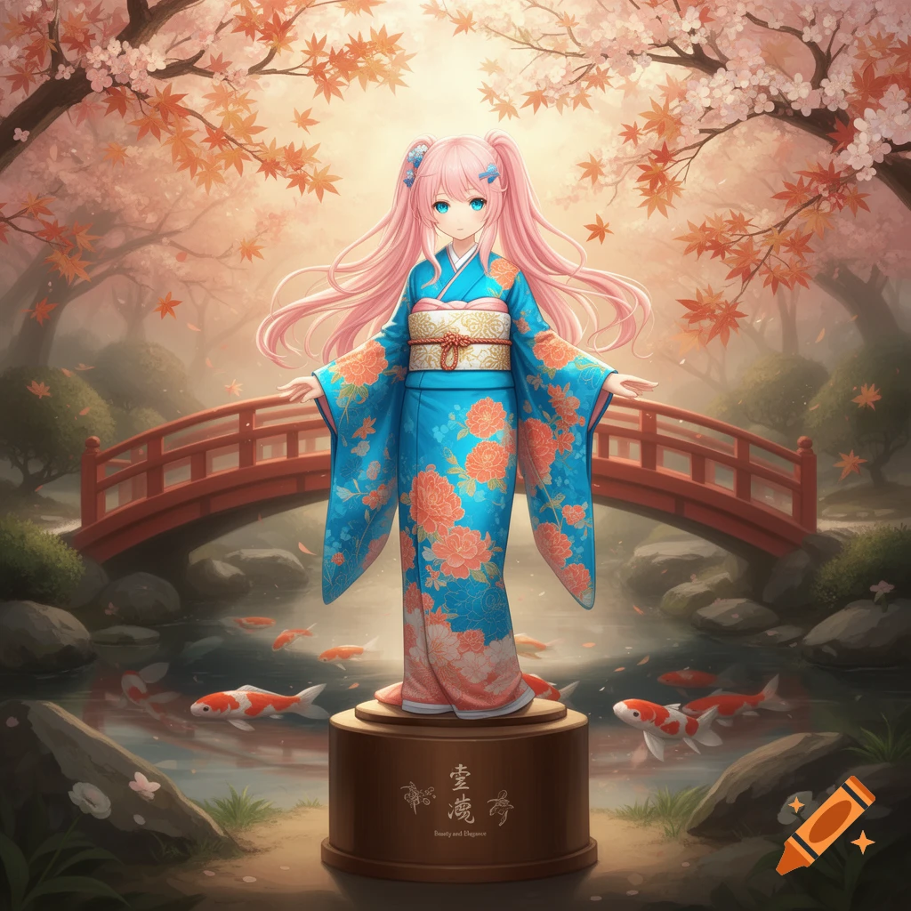 An anime girl with pink pigtails and blue eyes, wearing a vibrant blue kimono, stands on a pedestal in a Japanese garden with a red bridge and koi pond.