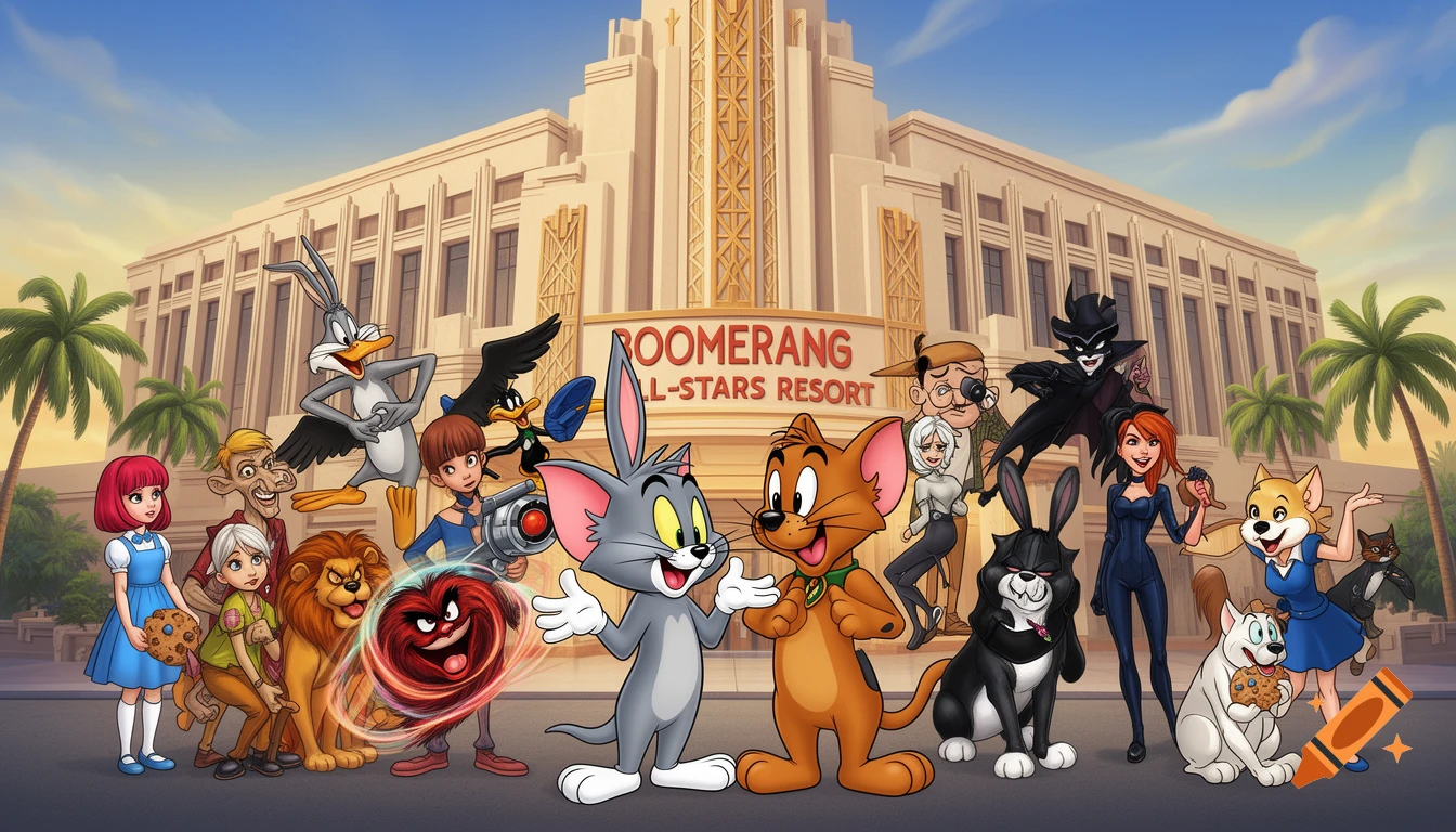 Numerous cartoon characters, including Tom and Jerry, pose in front of a large building with a "Boomerang All-Stars Resort" sign and palm trees.