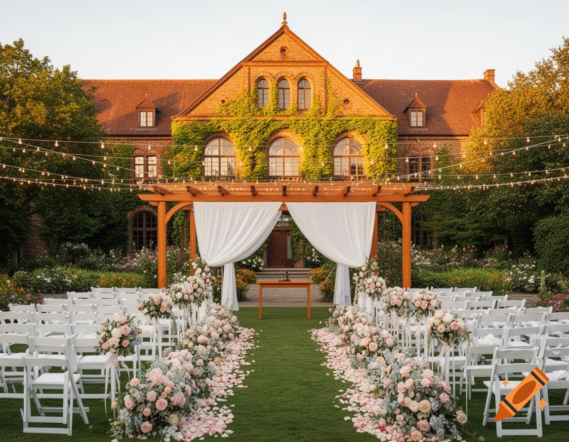 An elegant outdoor wedding ceremony setup with white chairs and floral arrangements lining a grassy aisle, in front of a historic brick building.