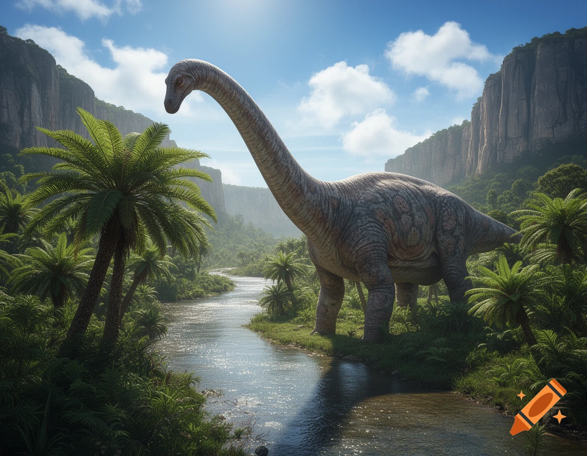 A majestic Titanosaurus stands by a winding river in a lush prehistoric valley with towering cliffs under a bright blue sky.