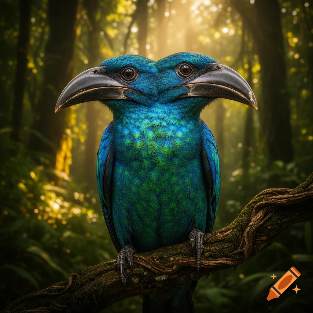 A vibrant blue and green two-headed bird with two large beaks perched on a mossy branch in a sun-dappled forest.