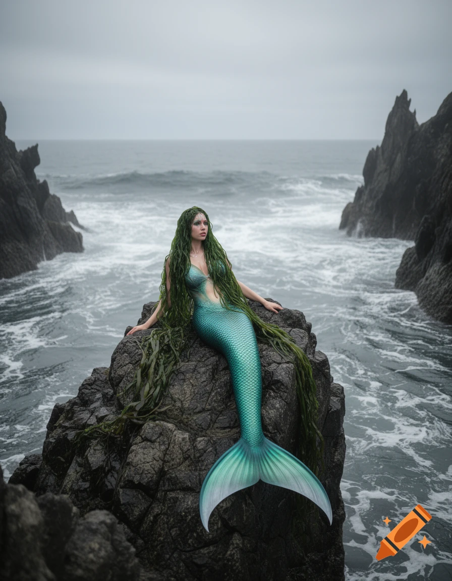 A photorealistic mermaid with long green hair and a teal tail sits on a dark rock by a stormy ocean under a grey sky.