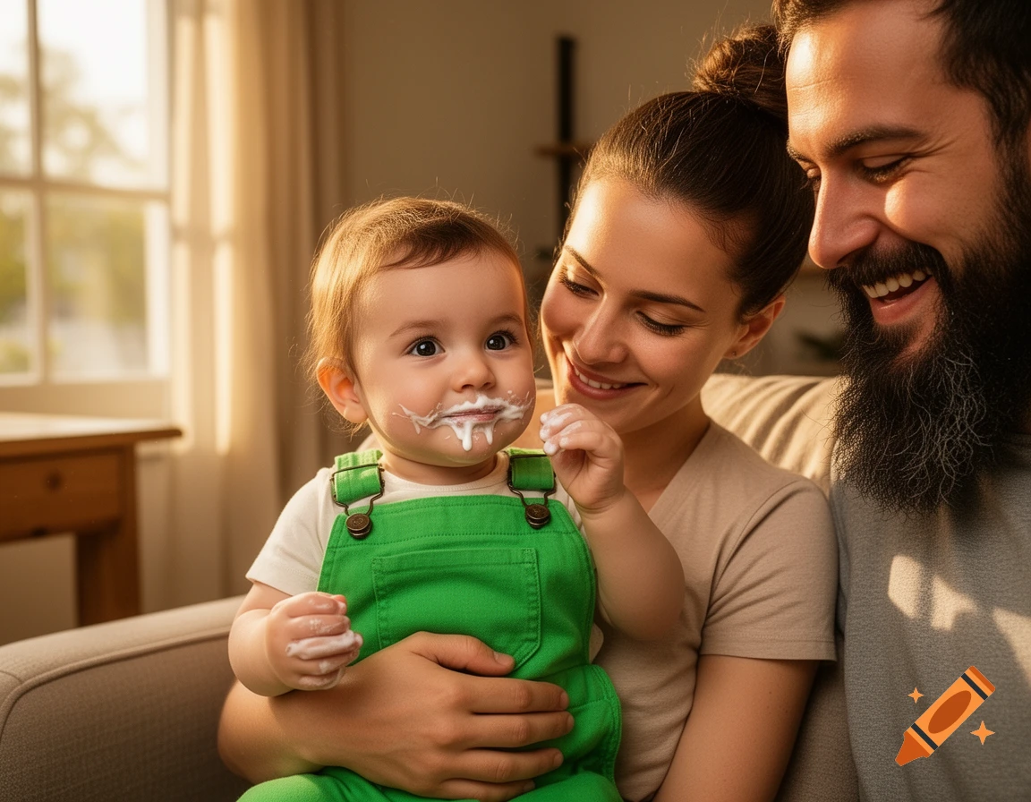 Smiling parents holding a baby in green overalls with milk on its face and hands in a warm, photorealistic indoor scene.