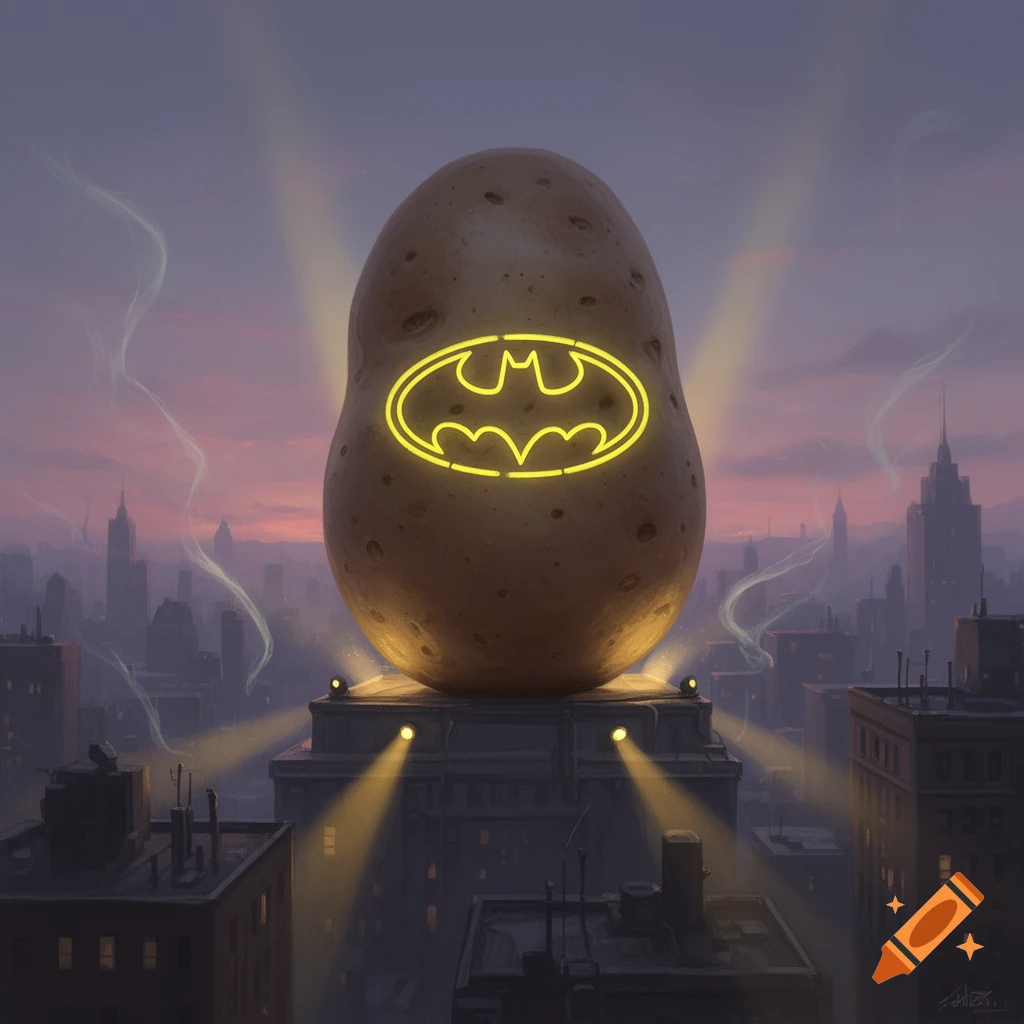 A giant potato with a glowing yellow Batman signal on its side sits atop a building in a city at dusk.