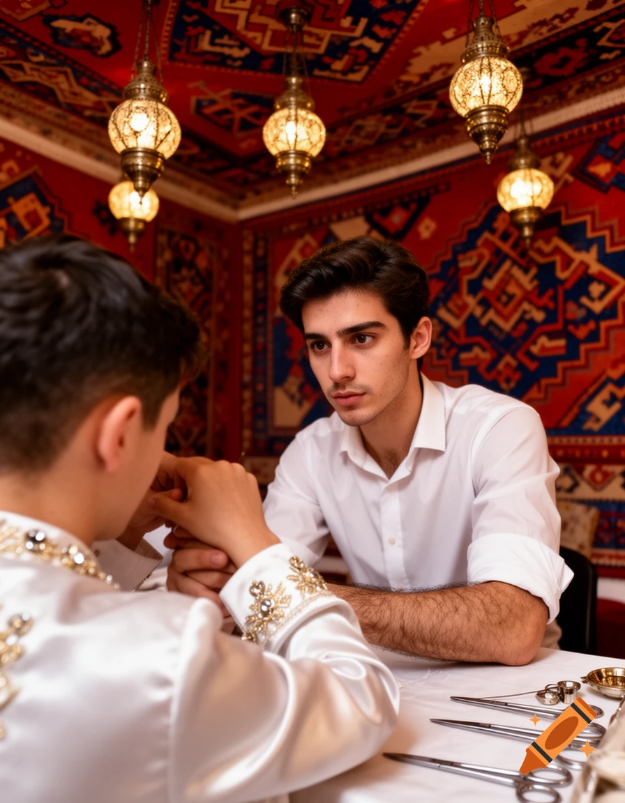 A young man in a white shirt looks at another in an embellished white satin tunic across a table with surgical instruments, in an ornately decorated room.