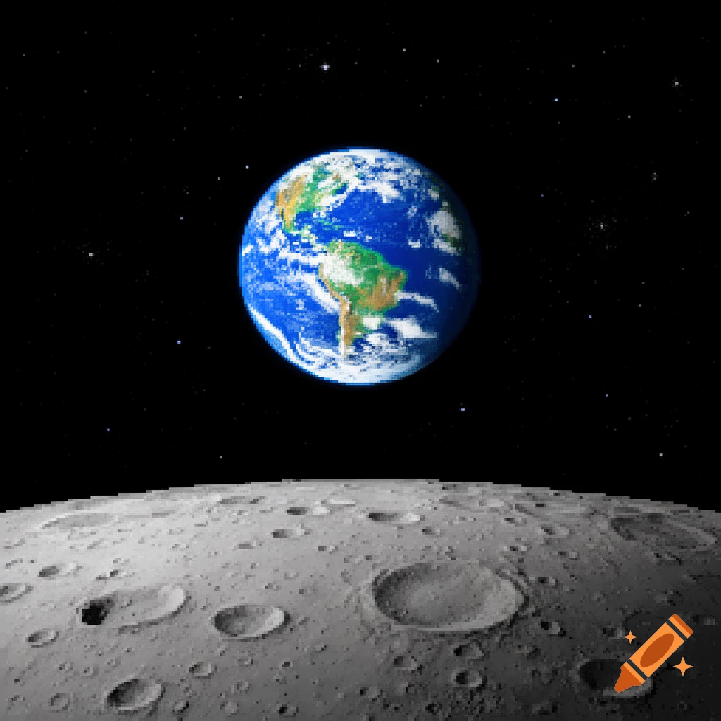 Pixel art view of planet Earth from the surface of the Moon, with visible craters in the foreground.