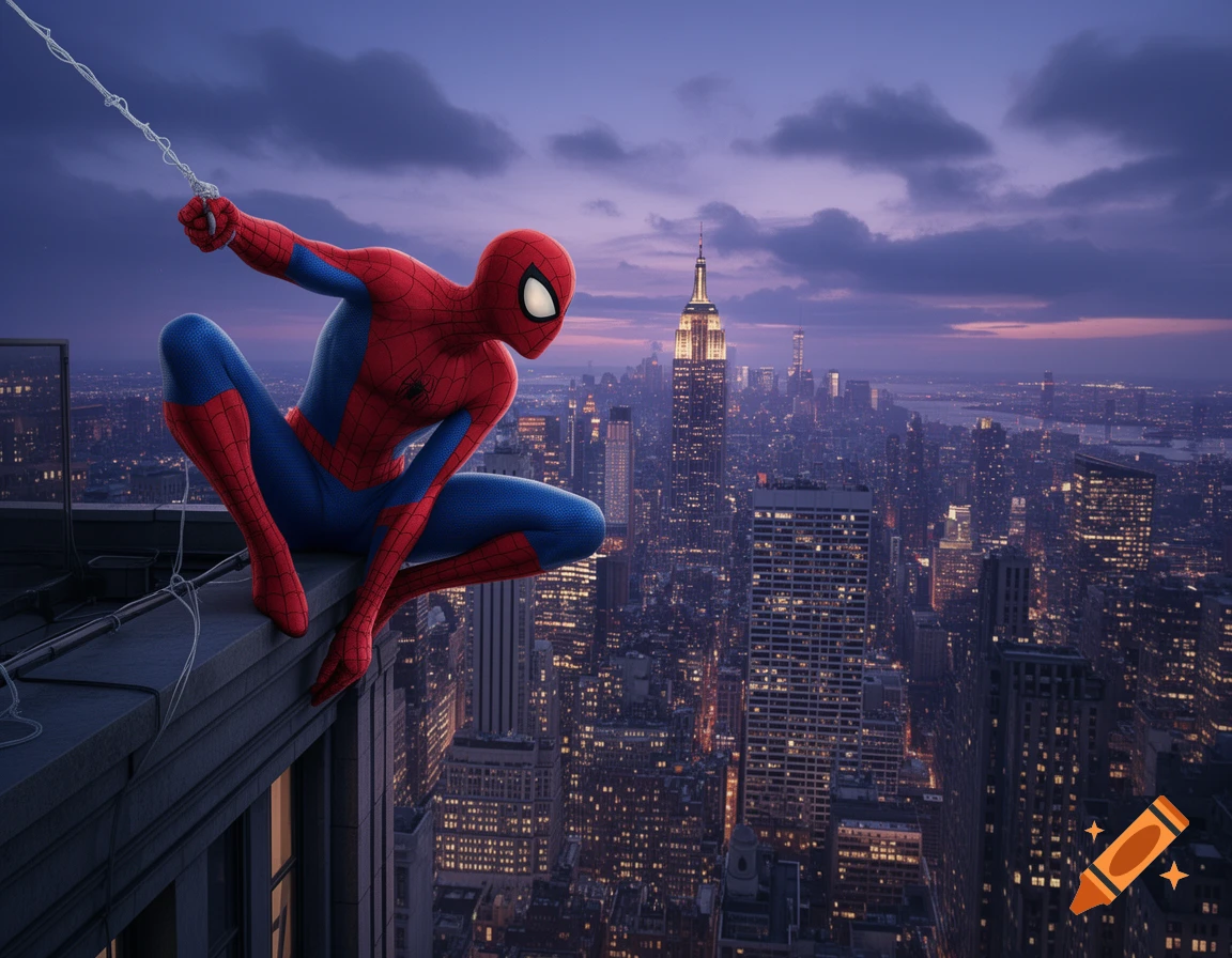 Spider-Man crouches on a skyscraper ledge, holding a web, overlooking a vibrant city at dusk with the Empire State Building.