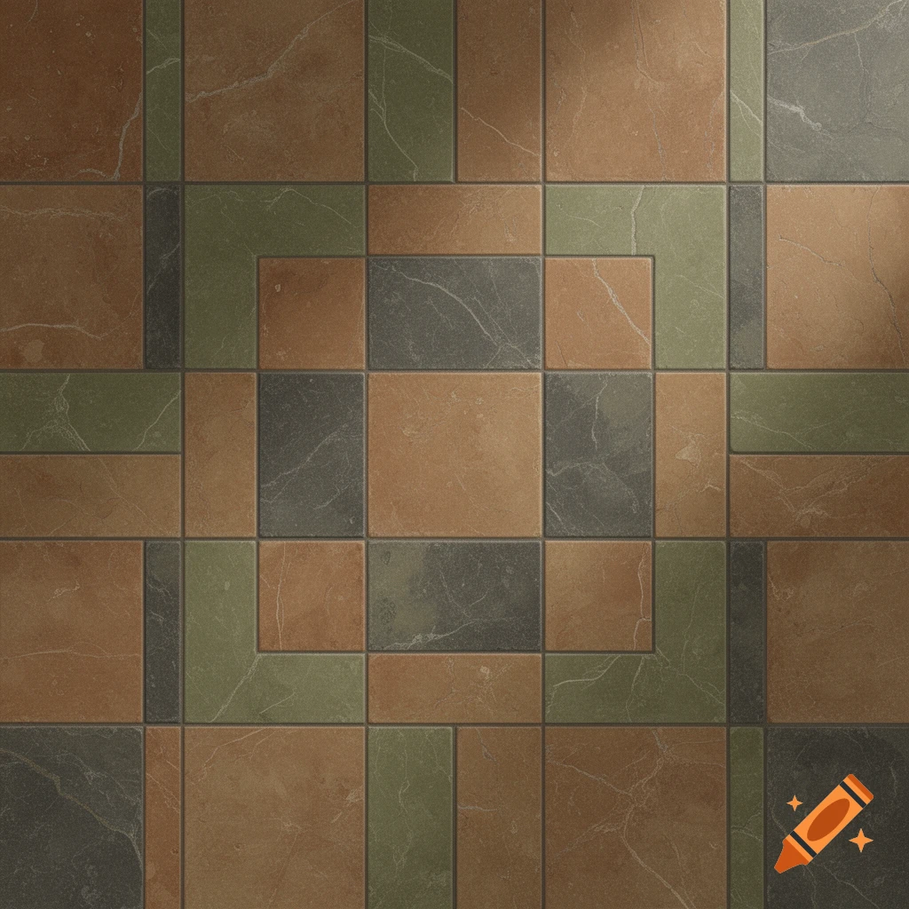 A close-up view of a floor or wall tiled in a Roman bond pattern with brown, green, and dark grey marble-textured tiles.