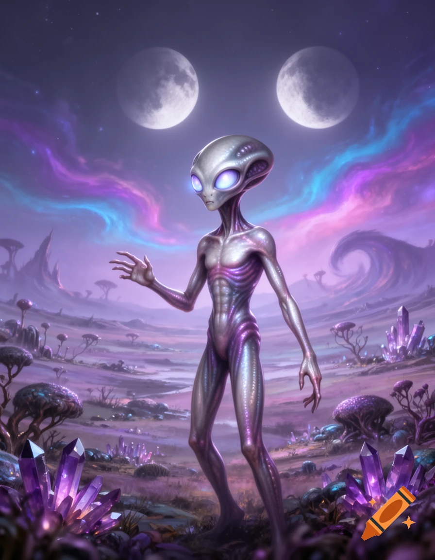 A grey alien with glowing purple eyes stands on a vibrant purple alien planet under two moons, with nebulae and glowing crystals.