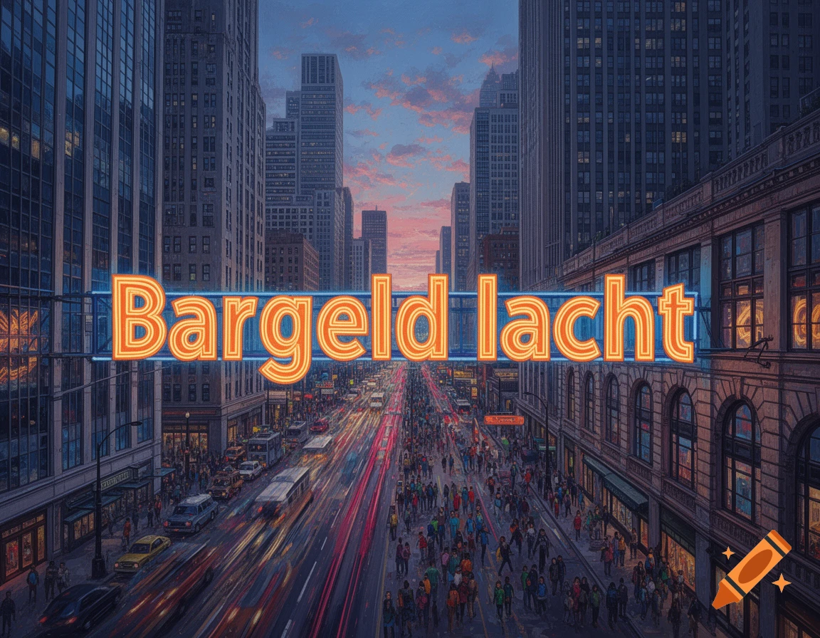 A vibrant, detailed cityscape at dusk with tall buildings, a busy street full of people and cars, and a large neon sign displaying "Bargeld lacht".