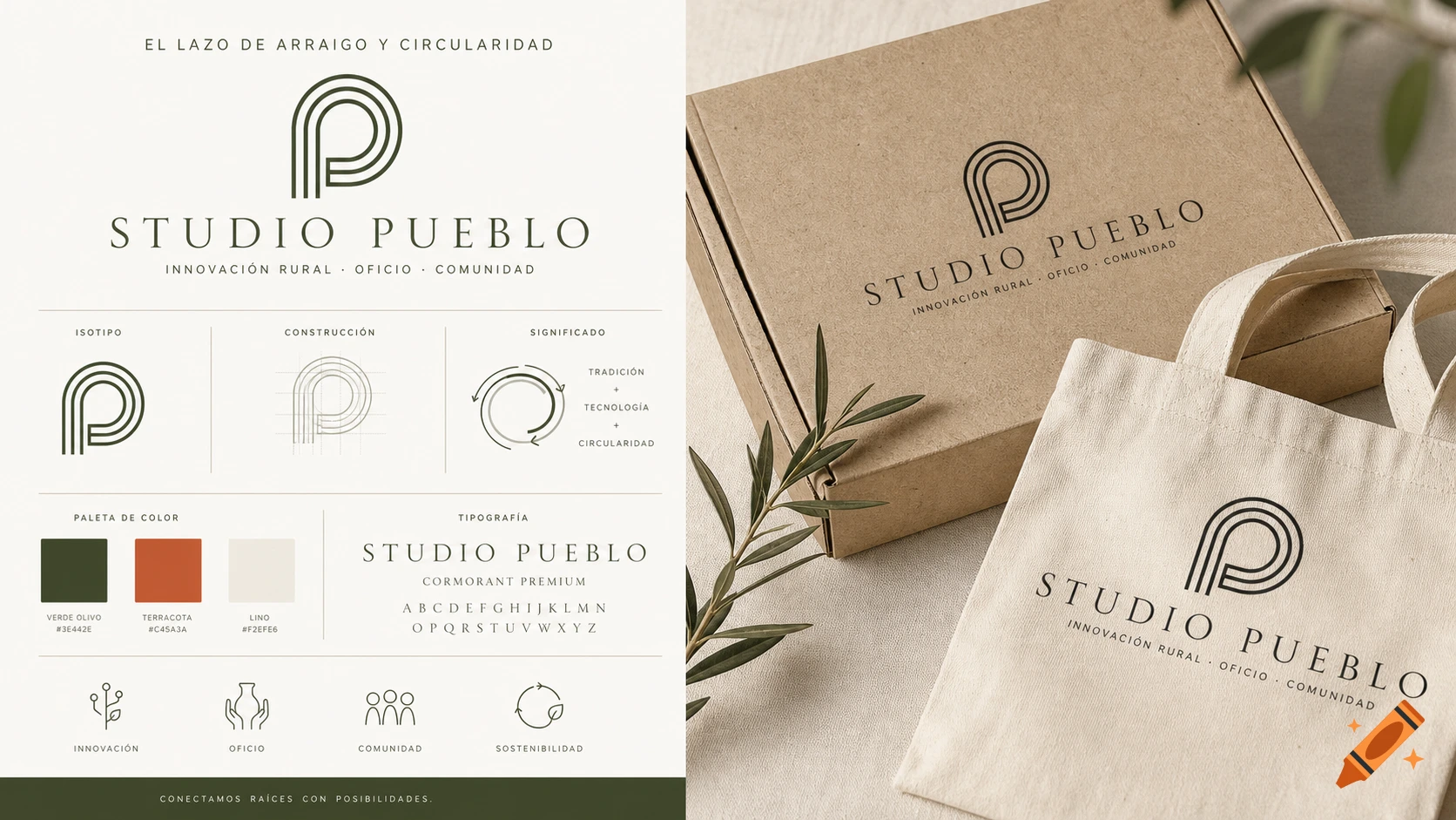 Corporate branding guide and mockups for 'Studio Pueblo' featuring a circular 'P' logo on a box and tote bag, with an olive branch.