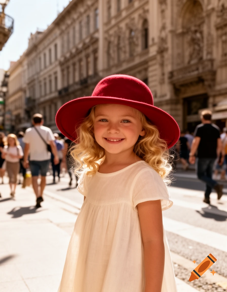 Smiling blonde girl in a red hat and white dress on a sunny city street.