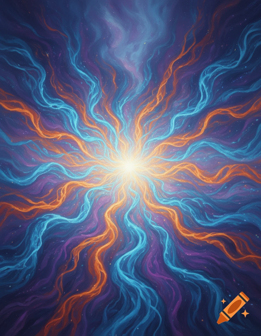 A vibrant abstract artwork featuring a bright light at the center, radiating wavy lines in blue, orange, and purple against a dark, starry background.