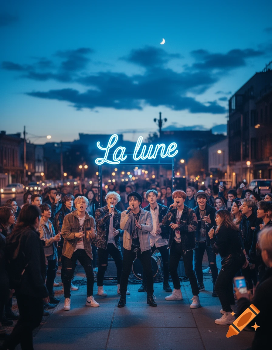 K-pop group performs on a street at night under a neon 'La lune' sign and a crescent moon, surrounded by a crowd.