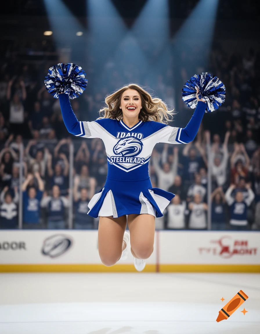 A smiling cheerleader in a blue and white 'Idaho Steelheads' uniform jumps on an ice rink, holding pom-poms, with a blurred crowd in the background. Photorealistic.
