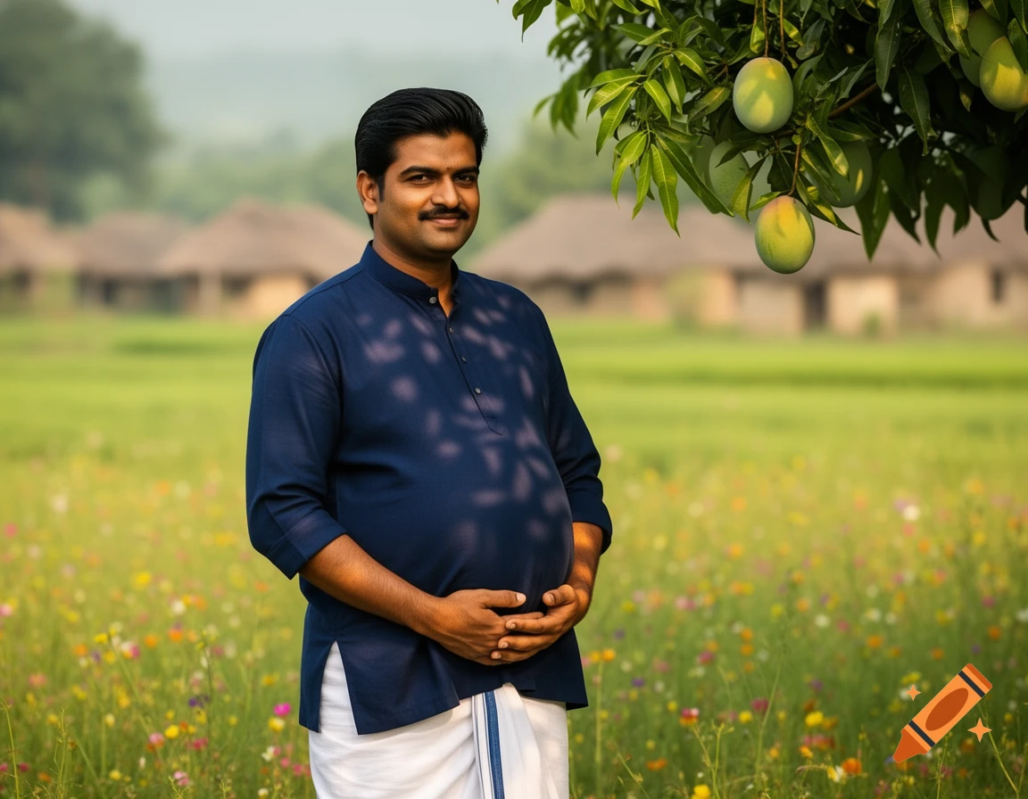 A smiling Indian man in a blue kurta and white dhoti, with a rounded belly, stands in a vibrant rural field with a mango tree.