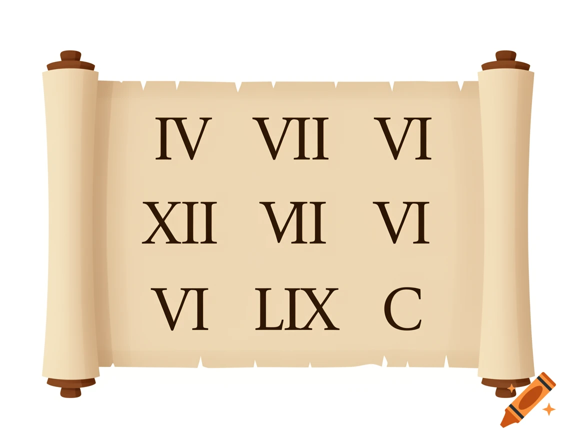 A flat illustration of an ancient Roman scroll with a grid of various Roman numerals.