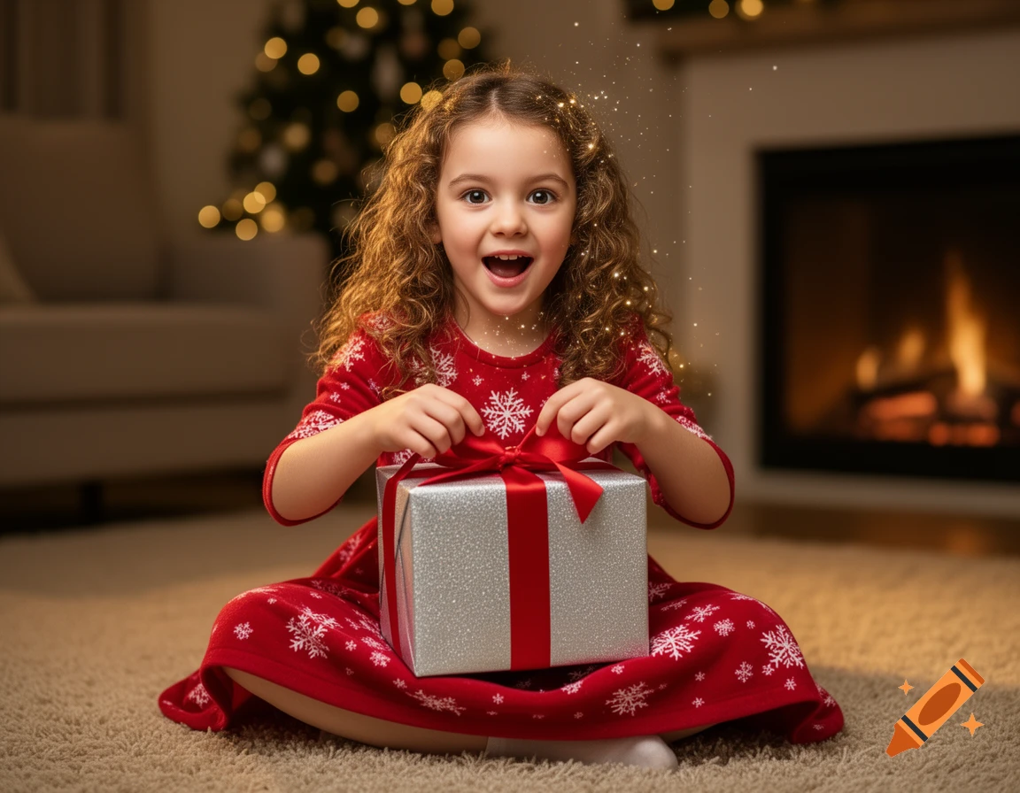 A delighted young girl with curly hair in a red snowflake dress opening a silver Christmas gift in front of a fireplace and tree.