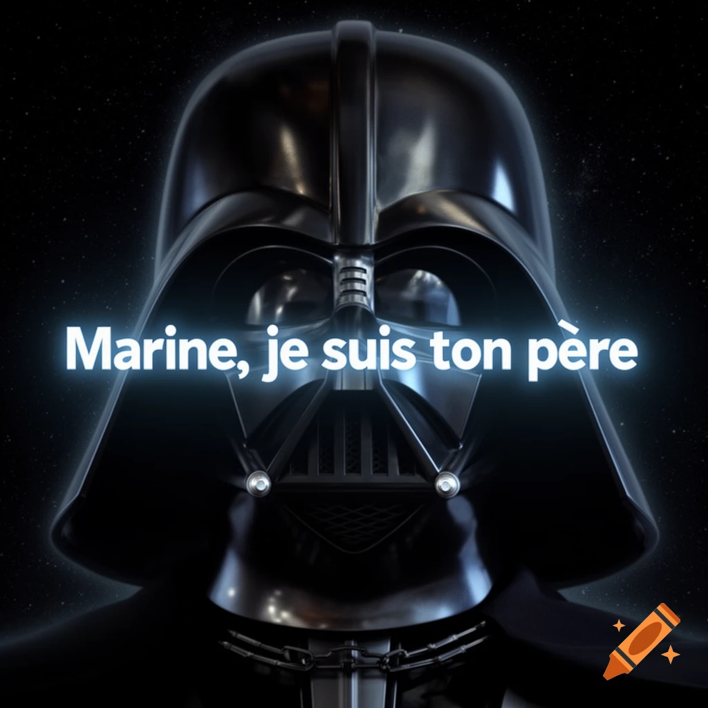 Close-up of Darth Vader's helmet against a starry background with glowing text "Marine, je suis ton père".