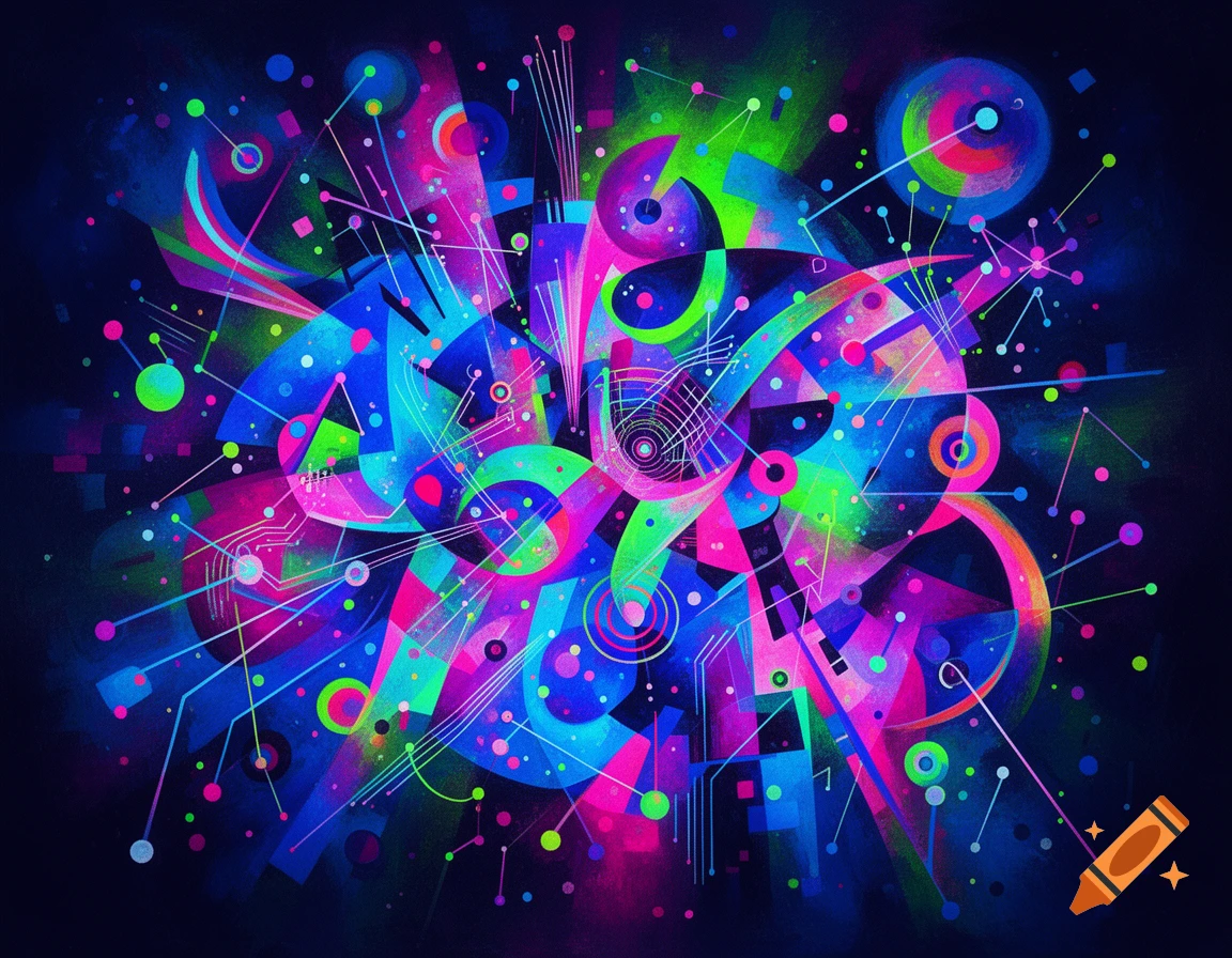 Vibrant abstract art with glowing neon pink, blue, and green geometric shapes and connecting lines on a dark background.