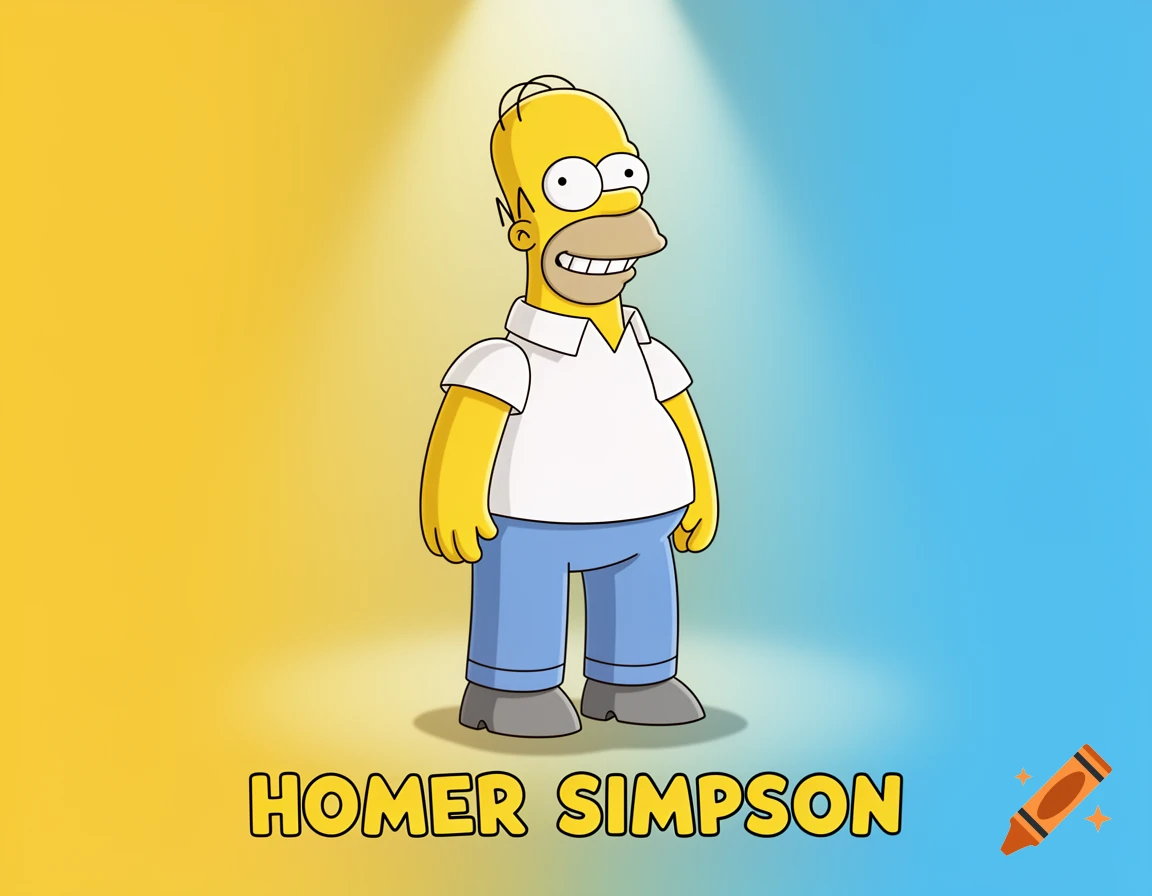 Cartoon illustration of Homer Simpson standing against a yellow and blue background with his name below.