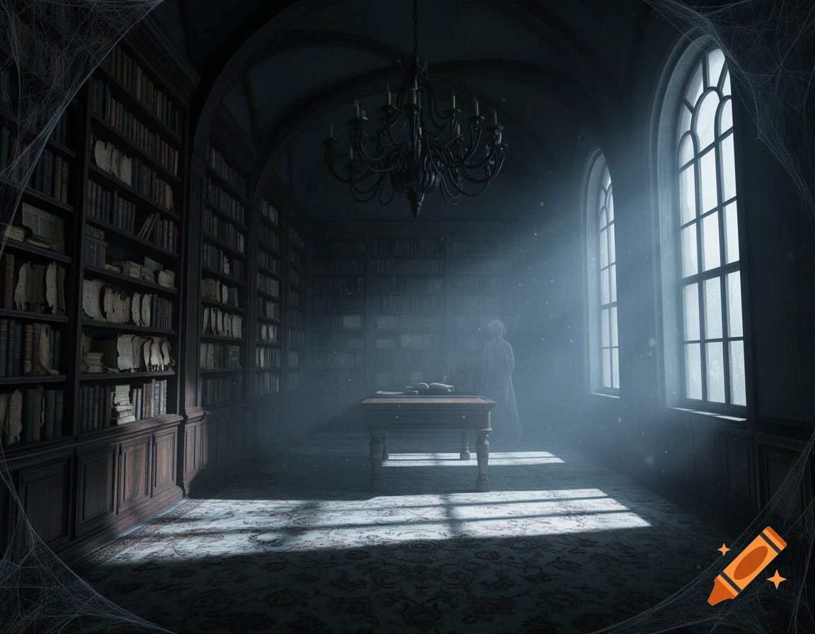 A dimly lit, dusty, haunted library with tall bookshelves, a central table, light through arched windows, and a faint ghostly figure.