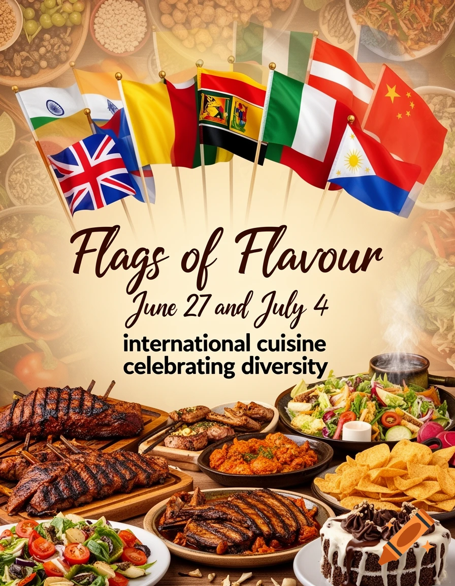 A poster for a food festival, 'Flags of Flavour,' showing various international flags above an array of dishes like barbecue, salads, chips, and cake.